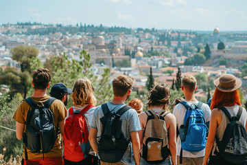Group of backpack-clad tourists enjoying a panoramic view of a historic city from a verdant hilltop