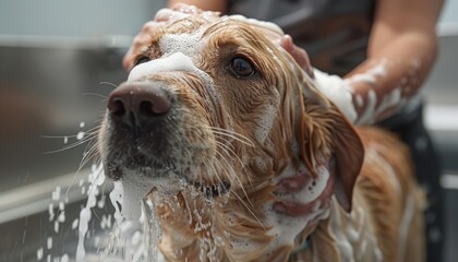 Person washing a carnivorous terrestrial animal with a snout, a dog, in a sink
