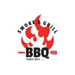 Barbecue BBQ Smoke and Grill Vintage Design Template With Crossed Spatula and Flame.