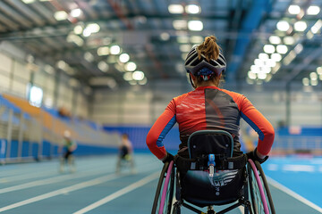 Wheelchair-bound athlete preparing her mind and body for an upcoming race in a spacious indoor...