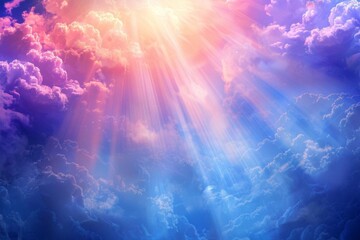 radiant light breaking through clouds in heavenly sky abstract spiritual background - obrazy, fototapety, plakaty