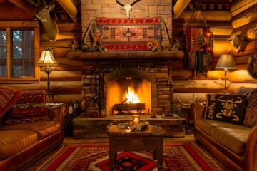 Fireplace in a rustic log cabin with leather furniture and deer heads. Rustic design interior background 