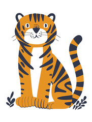 flat tiger cartoon illustration isolated on white transparent background. PNG format