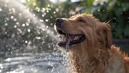 A carnivorous companion dog splashing liquid in a pond