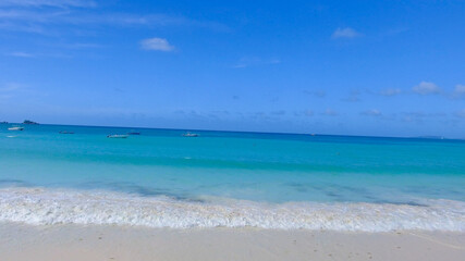 Praslin Beach, Seychelles. Aerial view of tropical coastline on a sunny day