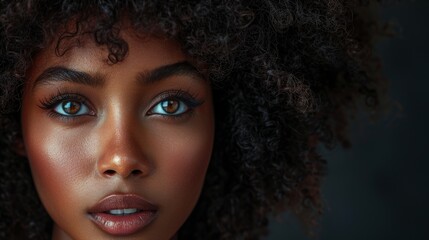 Closeup up portrait of the beautiful afro-american woman with curly hair.
