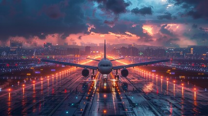 The airplane preparing for departure in  Airport at sunset. - obrazy, fototapety, plakaty