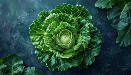 Close up of a green cabbage on a vibrant blue background - obrazy, fototapety, plakaty