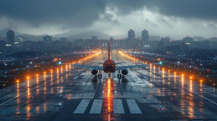 The airplane preparing for departure in  Airport at sunset. - obrazy, fototapety, plakaty