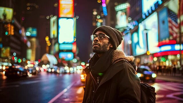 Middle aged African American man wearing glasses in crowded Times Square in New York City at night
