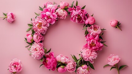 Capture the essence of this beautiful floral arrangement featuring a wreath crafted from delightful pink peonies against a soft pink backdrop accompanied by a blank square sheet of paper Th