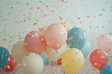 Balloons and confetti are scattered on a table in a room