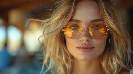  Beautiful trendy model woman with blonde and sunglasses. 

