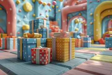 Enormous gift boxes as building blocks in a playground setting, bright primary colors, child like wonder pop art, high resolution 8k.