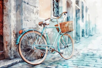 Fototapeta na wymiar retro bicycle adventure vintage bike with basket on charming city street watercolor illustration