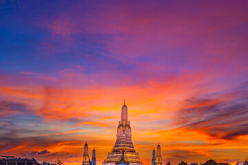 Wat Arun Ratchawararam Ratchawaramahawihan at sunset in bangkok Thailand. Landmark of Along the...