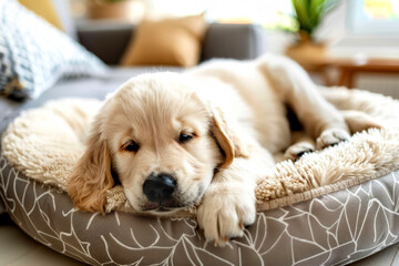 Small golden retriever puppy dog resting on pet bed at home