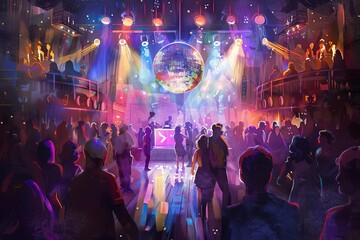 retro disco party with colorful lights mirror ball and crowded dancefloor digital painting - obrazy, fototapety, plakaty