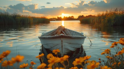 Yellow fishing boat on the river at the sunset.