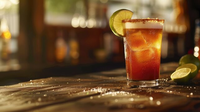 A classic Mexican cocktail the michelada sits invitingly on a rustic wooden table a delightful beer concoction awaiting to be savored