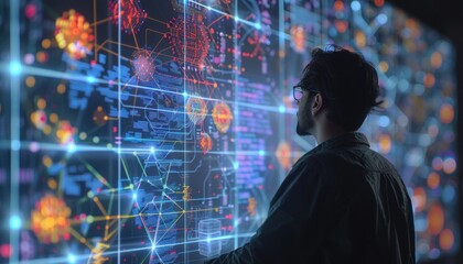 A man in front of a large screen observes an Electric blue pattern in Space
