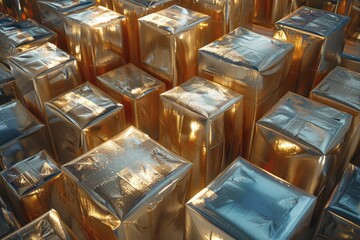A mesmerizing display of oversized cubic gift boxes adorned in shimmering gold foil and sharp blue contrasts, captured in a unique pop art style.