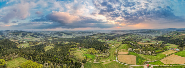Aerial Dorne Panorama of Polish Countryside and Rolling Hills at Spring