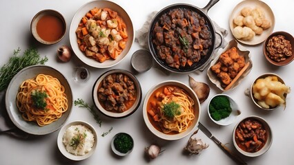 "Aerial Street Snacks: Close-Up Shot of Tabletop Street Food, White Background