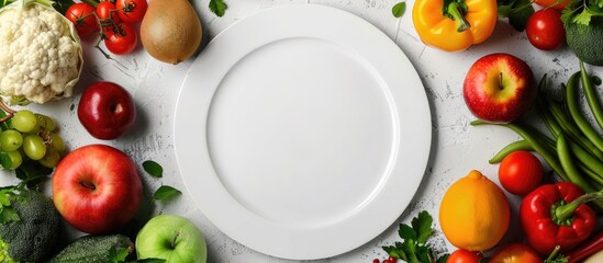 Celebrating World Food Day, Vegetarian Day, and Vegan Day with a top-down view of assorted fresh fruits and vegetables alongside an empty plate on a white paper background. - obrazy, fototapety, plakaty