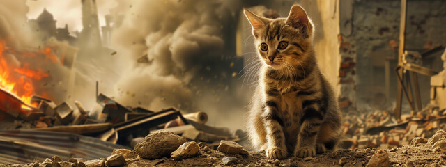 Contrasting worlds collide: a cute kitten confronts the harsh reality of war.