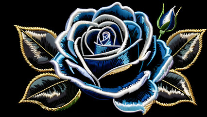 Embroidered Blue Rose on Black Background, Floral Stitching Against Dark Canvas, Blue Rose Design in Embroidery, Luxurious Blue Floral Embroidery on Ebony Surface(Generative AI)
