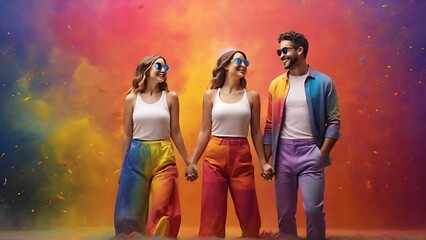 Fototapeta premium Vibrant Summer Vibes: Women's and Men's Full Body Outfits in Rainbow Colors, Abstract Background, with Sunglasses
