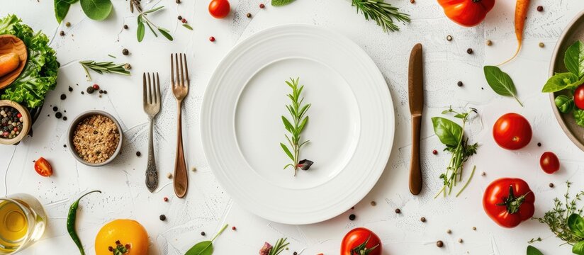 Cutlery set, plate, and a blank invitation card are arranged in a flat lay style on a white background, surrounded by vegetables, herbs, and spices.