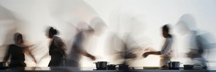 a long exposure photograph of multiple people cooks, motion blur