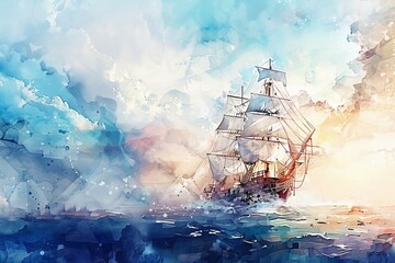 Watercolor of a sailing ship on the wild ocean.