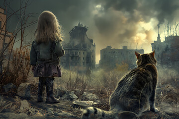 Girl sad alone child hugs dirty cat, ruined house, destroyed city street post apocalyptic scene.