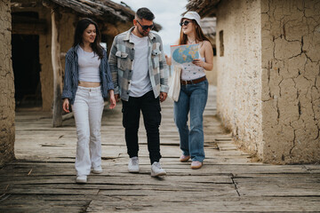 Three youthful friends enjoy a leisurely walk on a rustic wooden pathway in an old village while on vacation.