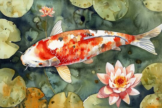 Watercolor of a beautiful Koi carp.