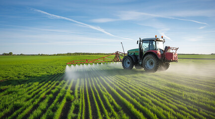 Fototapeta premium Tractor spraying liquid on green field in a wide shot, in the style of commercial photography, with high resolution, in daylight 