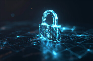 A digital padlock icon surrounded by glowing data connections, symbolizing the security of cyber technology. Patterns on a dark background in the style of tiled geometric shapes