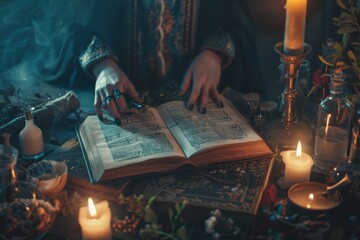 Someone is reading a book with candles and candles around it - obrazy, fototapety, plakaty