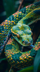 Alert Pit Viper in the Verdant Tropical Forest - A Glimpse into the World of Venomous Snakes