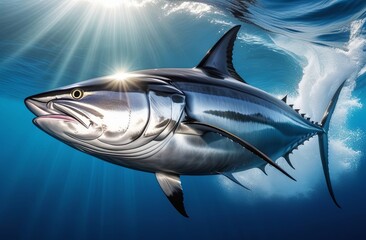Bluefin tuna in the ocean, space for text, photo for product label