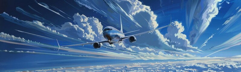 Painting of a plane flying through a cloudy sky with clouds. Banner