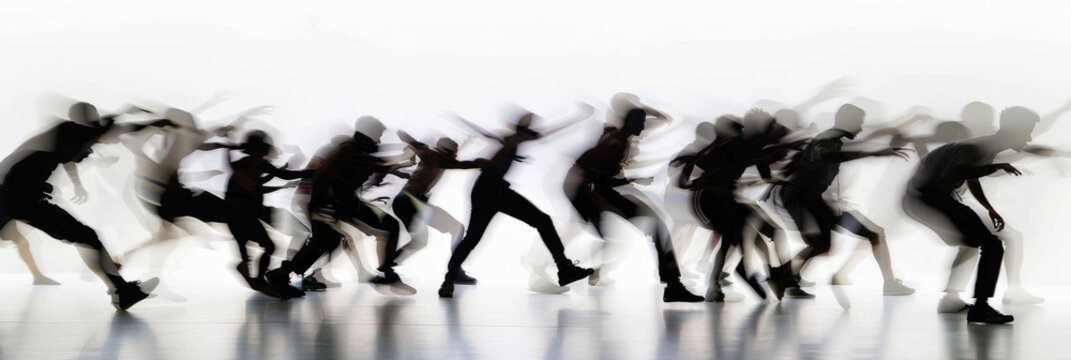 a long exposure photograph of multiple people breakdance dancers, motion blur