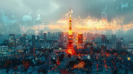 Tokyo Tower in Japan. double exposure contemporary style minimalist artwork collage illustration. Ai generative