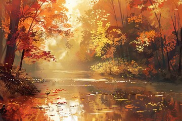 Obraz na płótnie Canvas serene autumn forest river with warm colors digital art painting