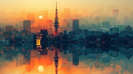Tokyo Tower in Japan. double exposure contemporary style minimalist artwork collage illustration. Ai generative