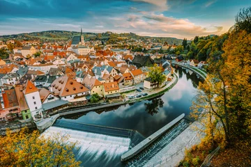 Wandcirkels plexiglas Cityscape Of Cesky Krumlov, Czech Republic. Autumn Evening At Susnet Time. UNESCO World Heritage Site. Popular Touristic Town © FaiV007