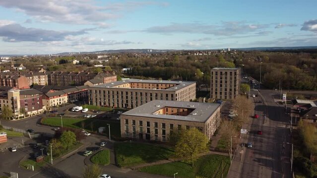 Glasgow, Scotland, UK, Great Britain, Aerial View Shot of Glasgow UK, Lanarkshire, sunset light, day
